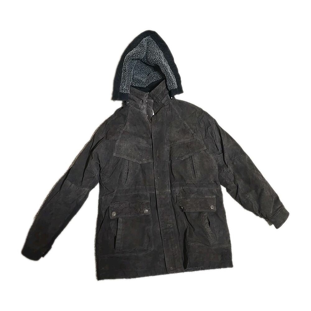 Vtg Ash Creek Black Leather Sherpa Lined Pockets‎ Hooded Chore Coat Men's Medium